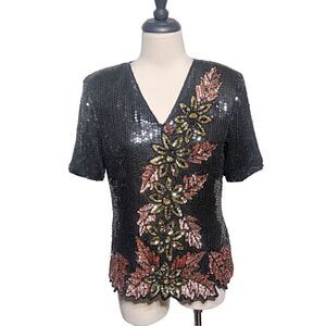 Vintage Stenay Short Sleeve Sequined Blouse Fall Flowers Size Small